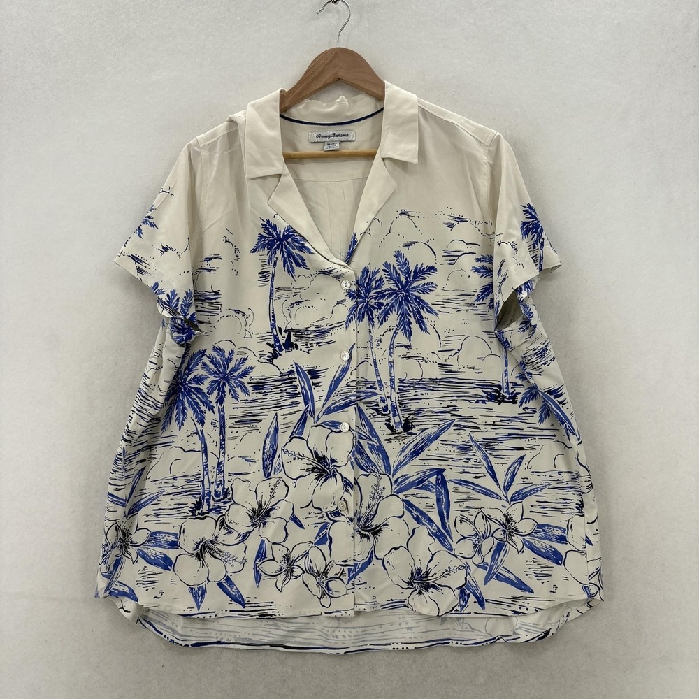 Tommy Bahama Sparkling Sea Talulla Silk Camp Shirt Womens XL White Silk Hawaiian